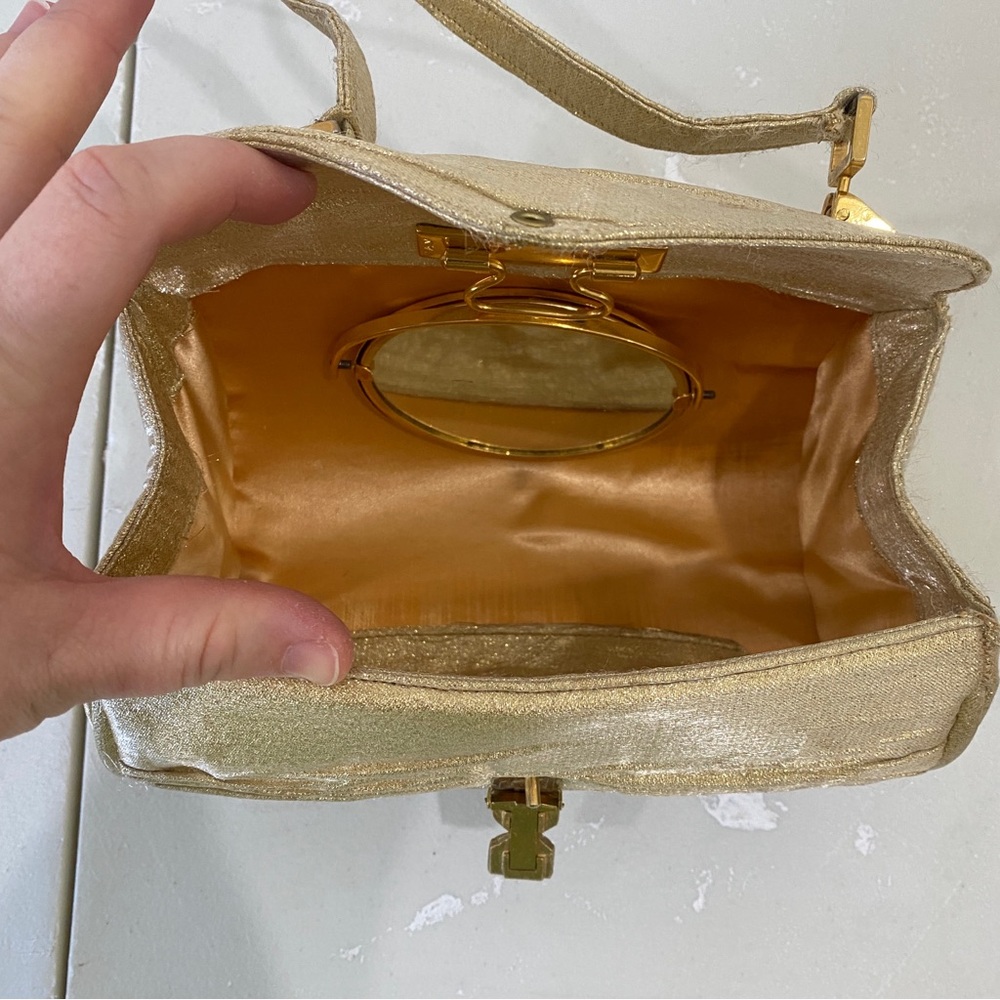 VINTAGE 1960s Lou Taylor gold ruched mini small cocktail bag w/ built in MIRROR - Picture 11 of 15